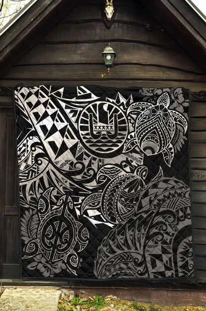 Tahiti Polynesian Premium Quilt - White Turtle Hibiscus Flowing