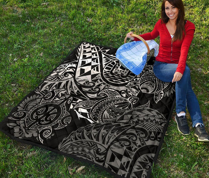 Tahiti Polynesian Premium Quilt - White Turtle Hibiscus Flowing