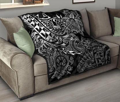 Tahiti Polynesian Premium Quilt - White Turtle Hibiscus Flowing