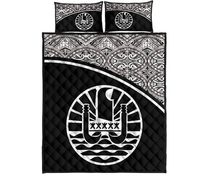 Tahiti Polynesian Quilt Bed Set - Tahiti Flag Black Curve Style