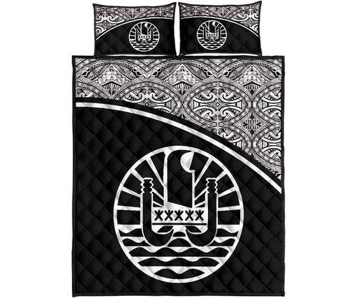 Tahiti Polynesian Quilt Bed Set - Tahiti Flag Black Curve Style