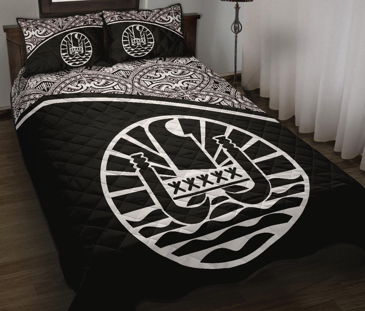 Tahiti Polynesian Quilt Bed Set - Tahiti Flag Black Curve Style