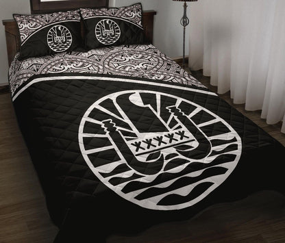 Tahiti Polynesian Quilt Bed Set - Tahiti Flag Black Curve Style
