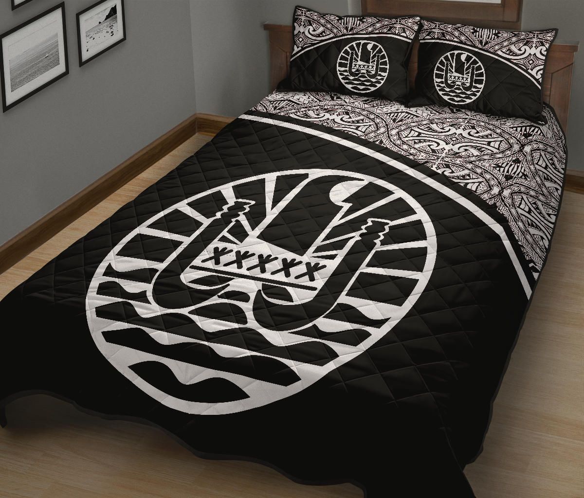 Tahiti Polynesian Quilt Bed Set - Tahiti Flag Black Curve Style