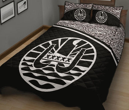 Tahiti Polynesian Quilt Bed Set - Tahiti Flag Black Curve Style
