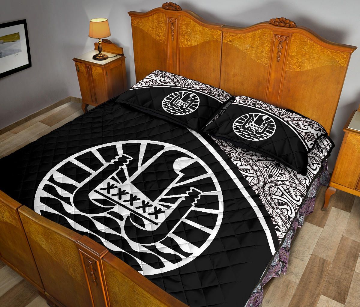 Tahiti Polynesian Quilt Bed Set - Tahiti Flag Black Curve Style