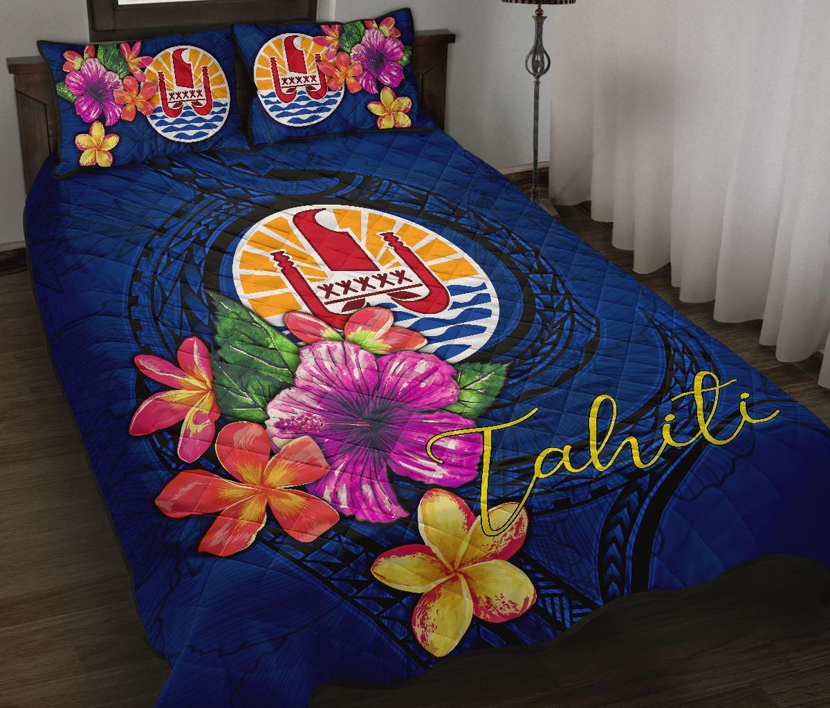Tahiti Polynesian Quilt Bed Set - Floral With Seal Blue