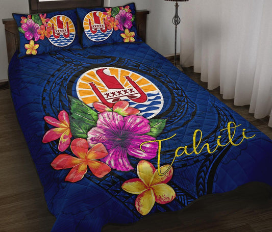 Tahiti Polynesian Quilt Bed Set - Floral With Seal Blue