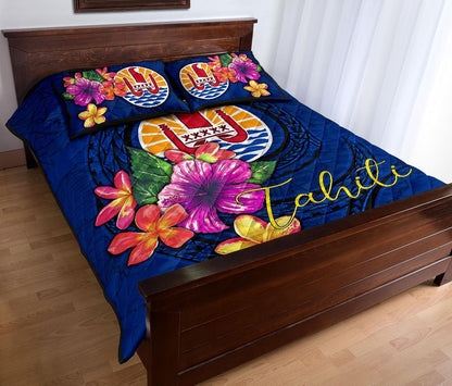 Tahiti Polynesian Quilt Bed Set - Floral With Seal Blue