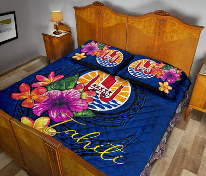 Tahiti Polynesian Quilt Bed Set - Floral With Seal Blue