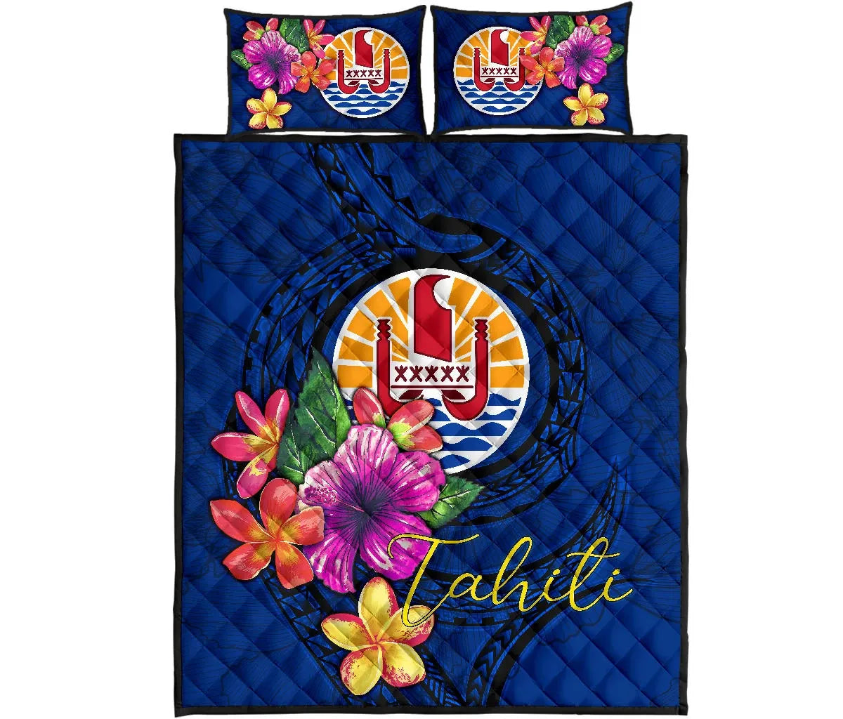 Tahiti Polynesian Quilt Bed Set - Floral With Seal Blue
