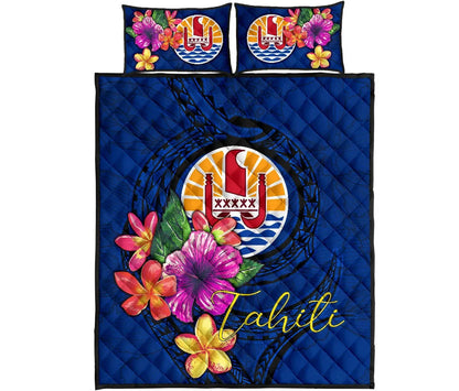 Tahiti Polynesian Quilt Bed Set - Floral With Seal Blue