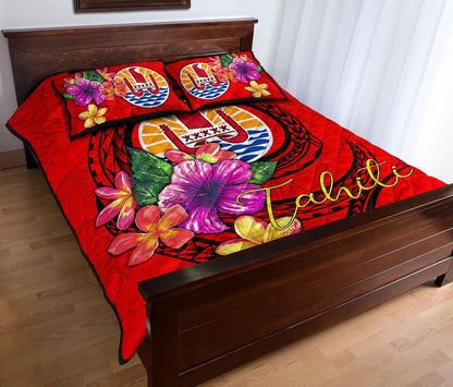 Tahiti Polynesian Quilt Bed Set - Floral With Seal Red