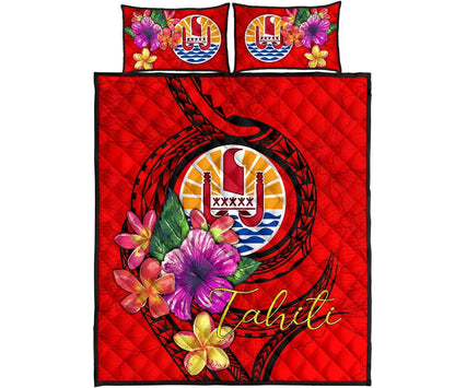 Tahiti Polynesian Quilt Bed Set - Floral With Seal Red
