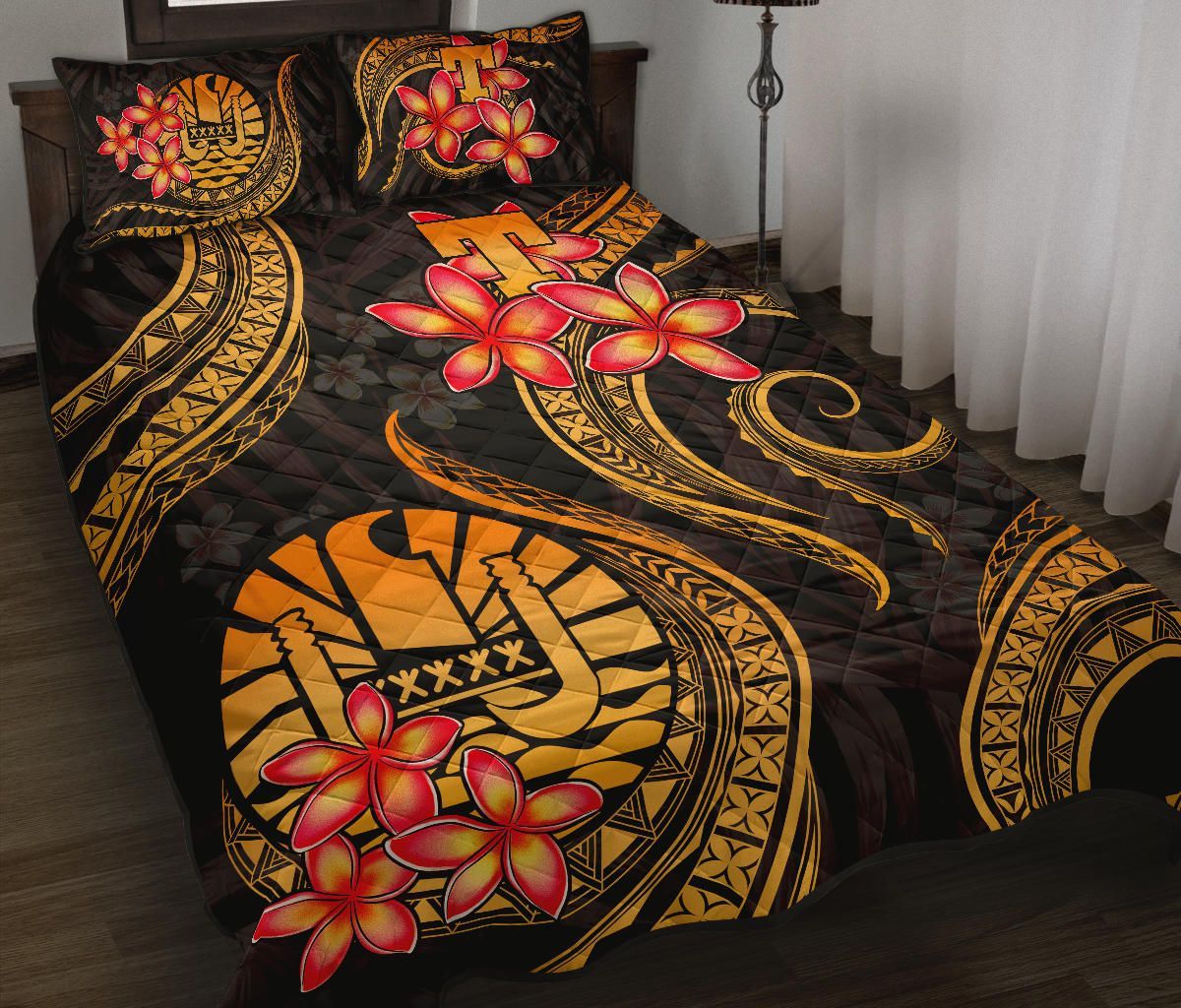Tahiti Polynesian Quilt Bed Set - Gold Plumeria