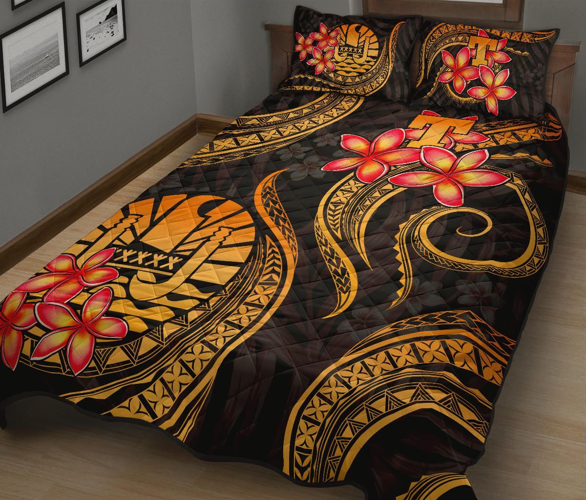 Tahiti Polynesian Quilt Bed Set - Gold Plumeria