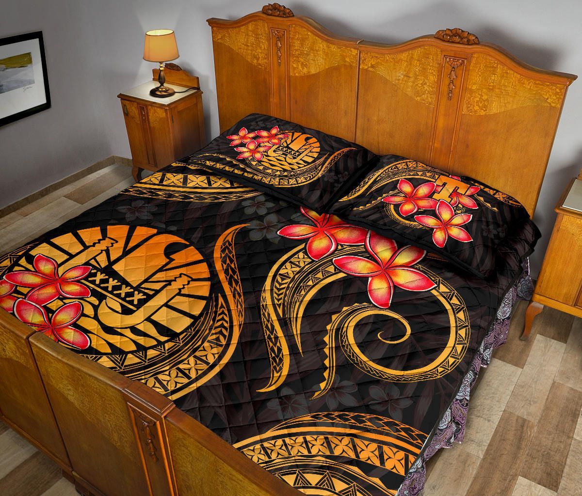 Tahiti Polynesian Quilt Bed Set - Gold Plumeria