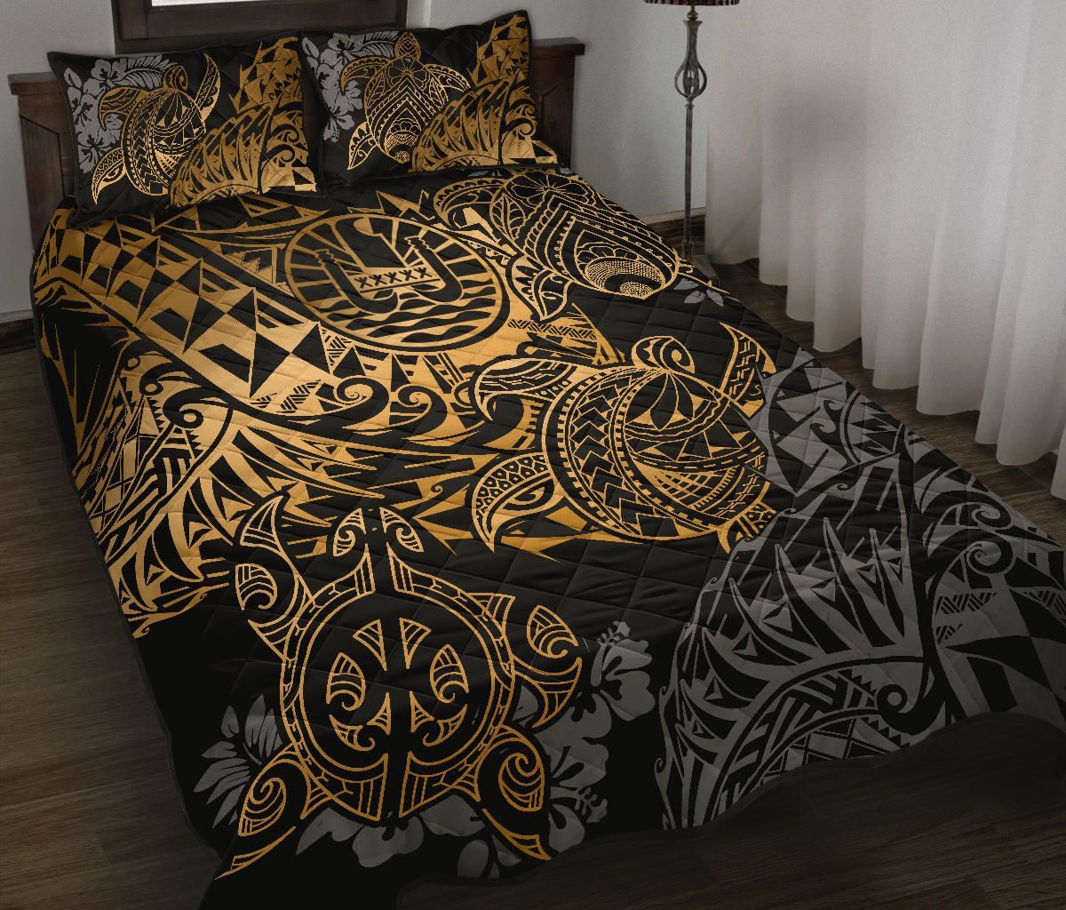Tahiti Polynesian Quilt Bed Set - Gold Turtle Hibiscus Flowing