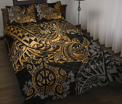 Tahiti Polynesian Quilt Bed Set - Gold Turtle Hibiscus Flowing