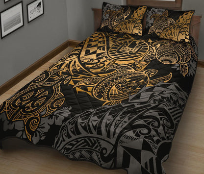 Tahiti Polynesian Quilt Bed Set - Gold Turtle Hibiscus Flowing