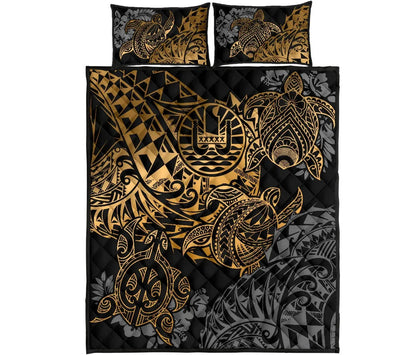 Tahiti Polynesian Quilt Bed Set - Gold Turtle Hibiscus Flowing