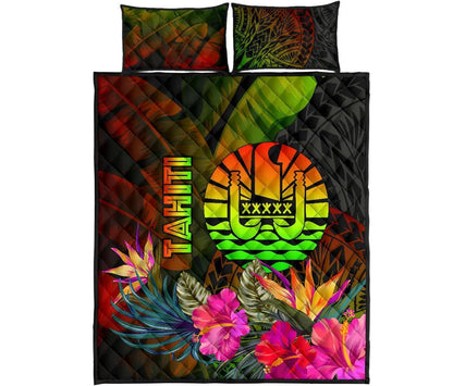 Tahiti Polynesian Quilt Bed Set - Hibiscus and Banana Leaves
