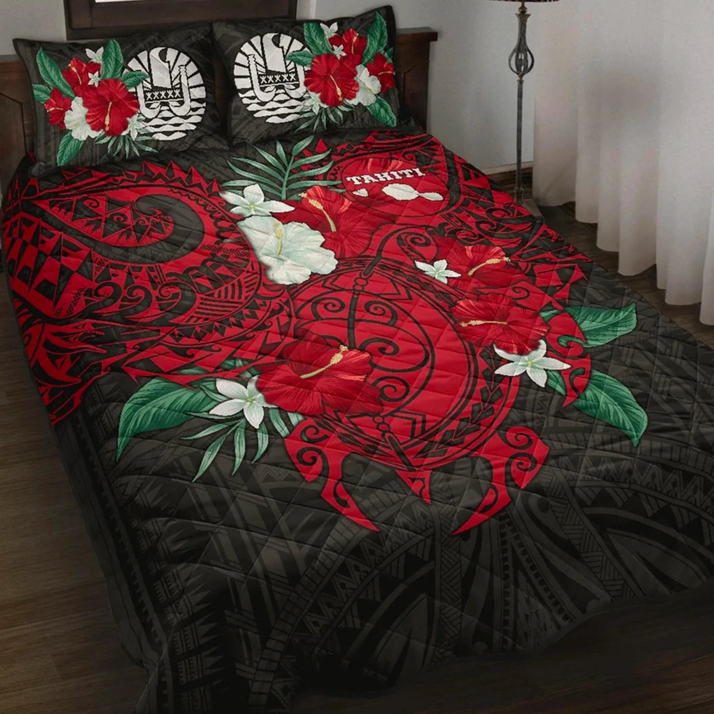Tahiti Polynesian Quilt Bed Set - Hibiscus and Sea Turtle (Red)