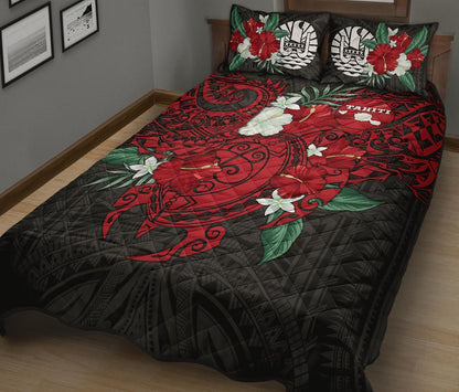 Tahiti Polynesian Quilt Bed Set - Hibiscus and Sea Turtle (Red)