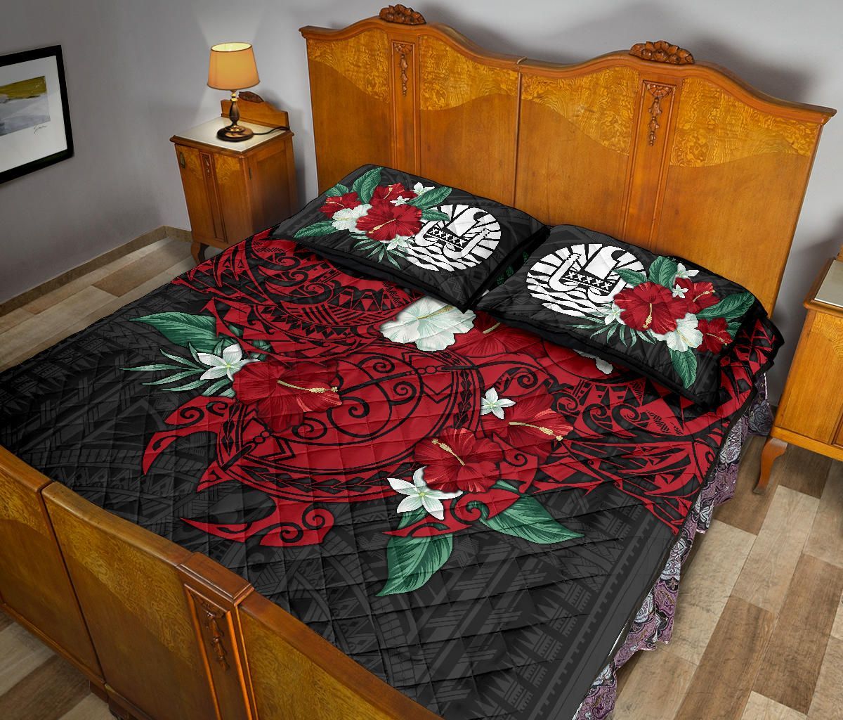 Tahiti Polynesian Quilt Bed Set - Hibiscus and Sea Turtle (Red)