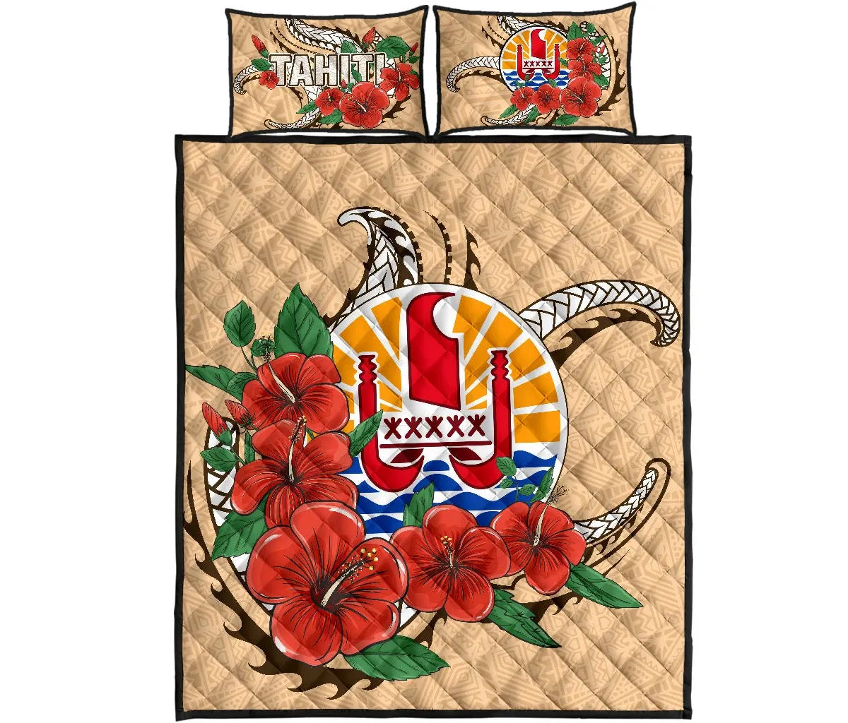 Tahiti Polynesian Quilt Bed Set - Hibiscus Coat of Arm Beige