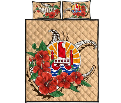 Tahiti Polynesian Quilt Bed Set - Hibiscus Coat of Arm Beige