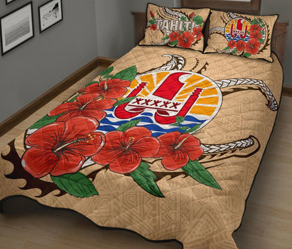 Tahiti Polynesian Quilt Bed Set - Hibiscus Coat of Arm Beige