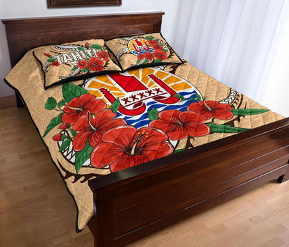 Tahiti Polynesian Quilt Bed Set - Hibiscus Coat of Arm Beige