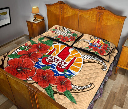 Tahiti Polynesian Quilt Bed Set - Hibiscus Coat of Arm Beige