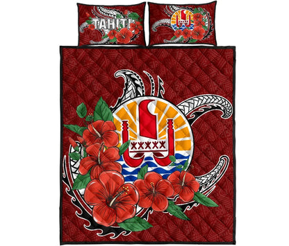 Tahiti Polynesian Quilt Bed Set - Hibiscus Coat of Arm Red