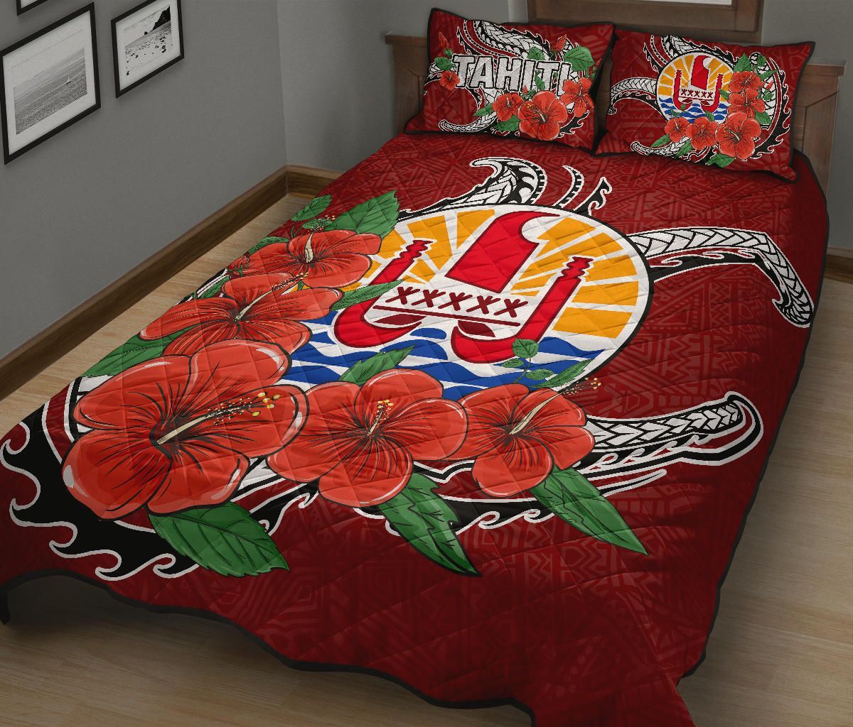 Tahiti Polynesian Quilt Bed Set - Hibiscus Coat of Arm Red