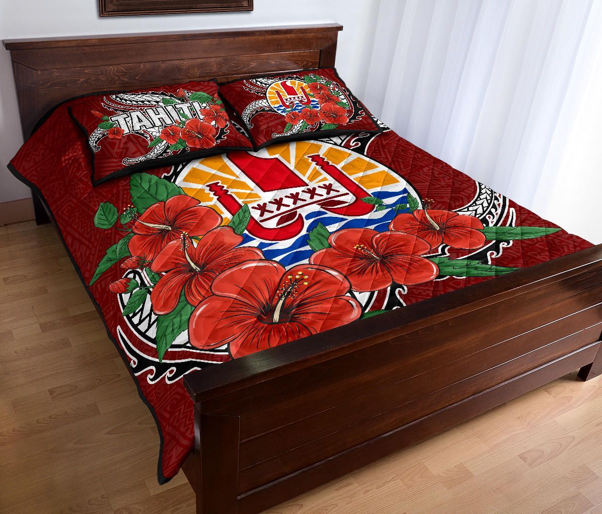 Tahiti Polynesian Quilt Bed Set - Hibiscus Coat of Arm Red