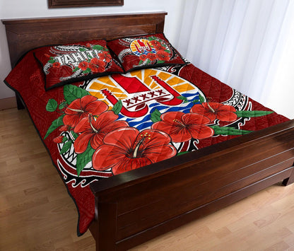 Tahiti Polynesian Quilt Bed Set - Hibiscus Coat of Arm Red