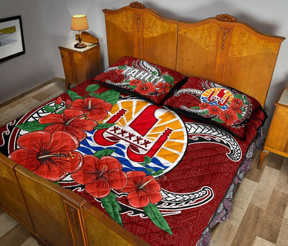 Tahiti Polynesian Quilt Bed Set - Hibiscus Coat of Arm Red