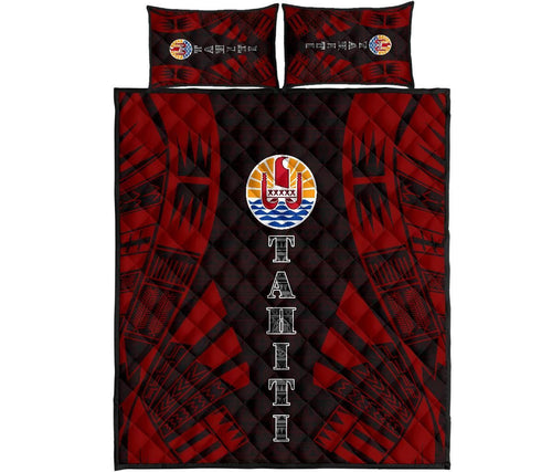 Tahiti Polynesian Quilt Bed Set - Tahiti Flag Red Black Tattoo Flag