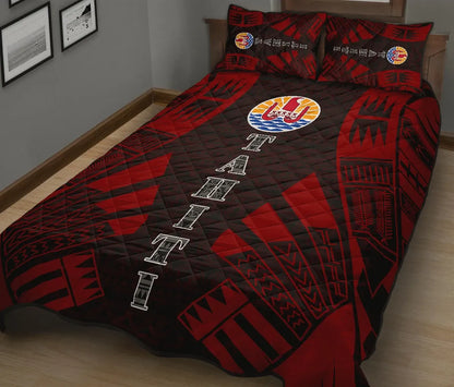 Tahiti Polynesian Quilt Bed Set - Tahiti Flag Red Black Tattoo Flag