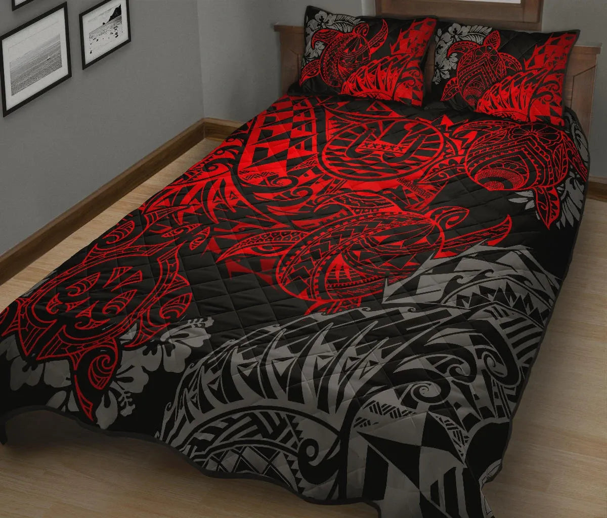 Tahiti Polynesian Quilt Bed Set - Red Turtle Hibiscus Flowing