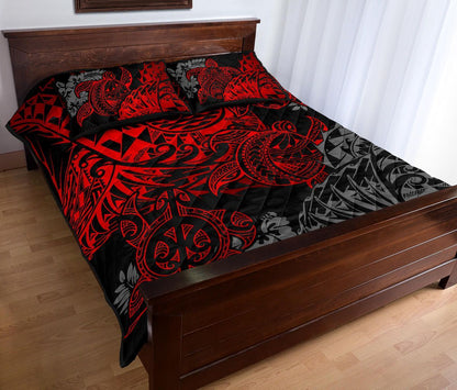 Tahiti Polynesian Quilt Bed Set - Red Turtle Hibiscus Flowing