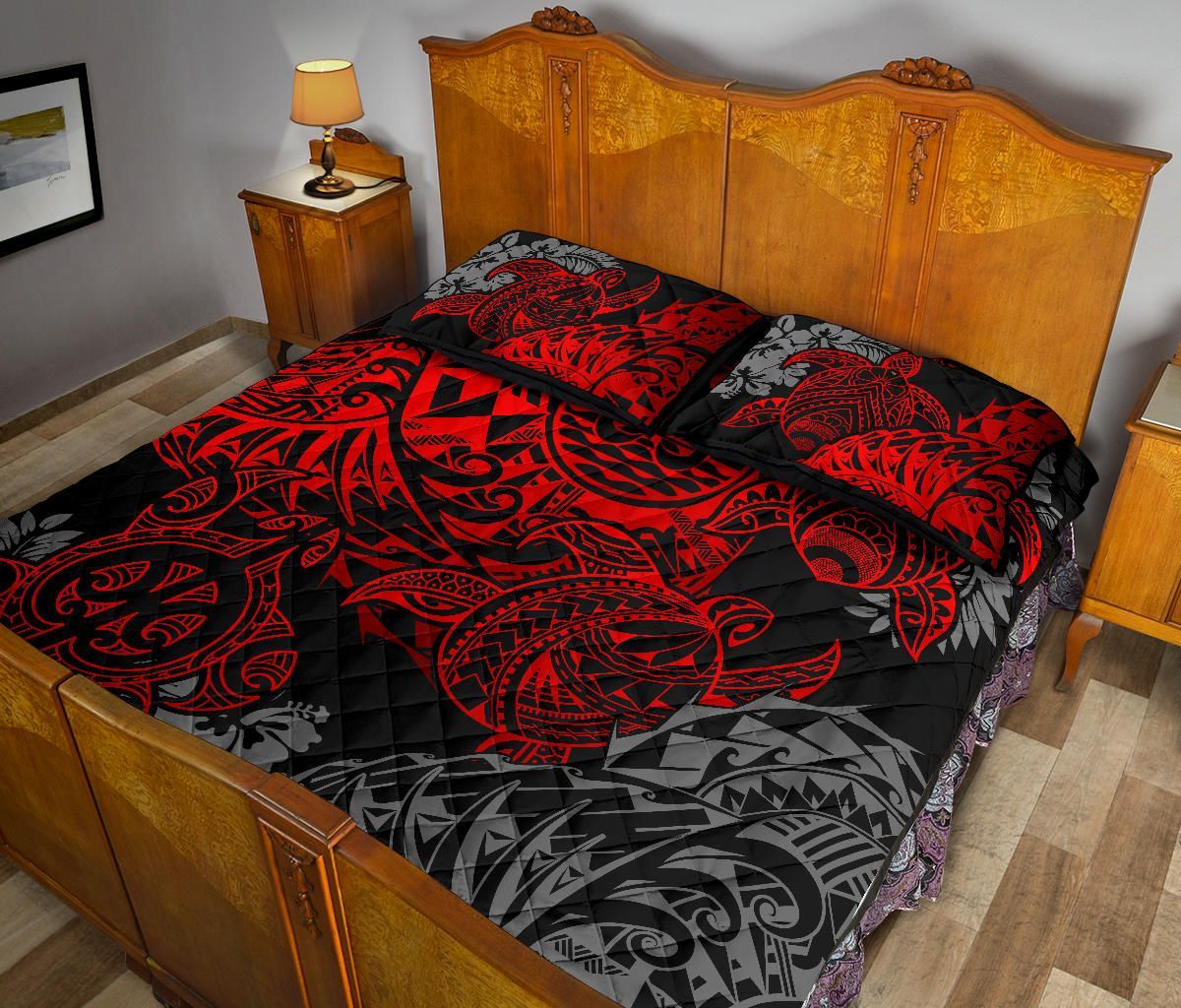 Tahiti Polynesian Quilt Bed Set - Red Turtle Hibiscus Flowing