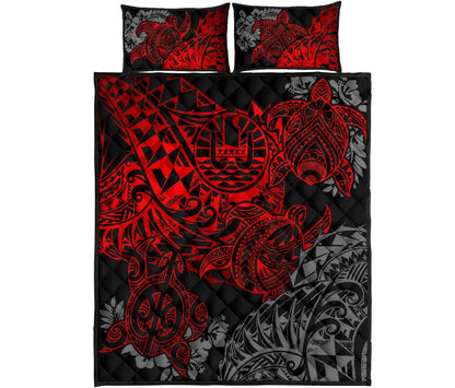 Tahiti Polynesian Quilt Bed Set - Red Turtle Hibiscus Flowing