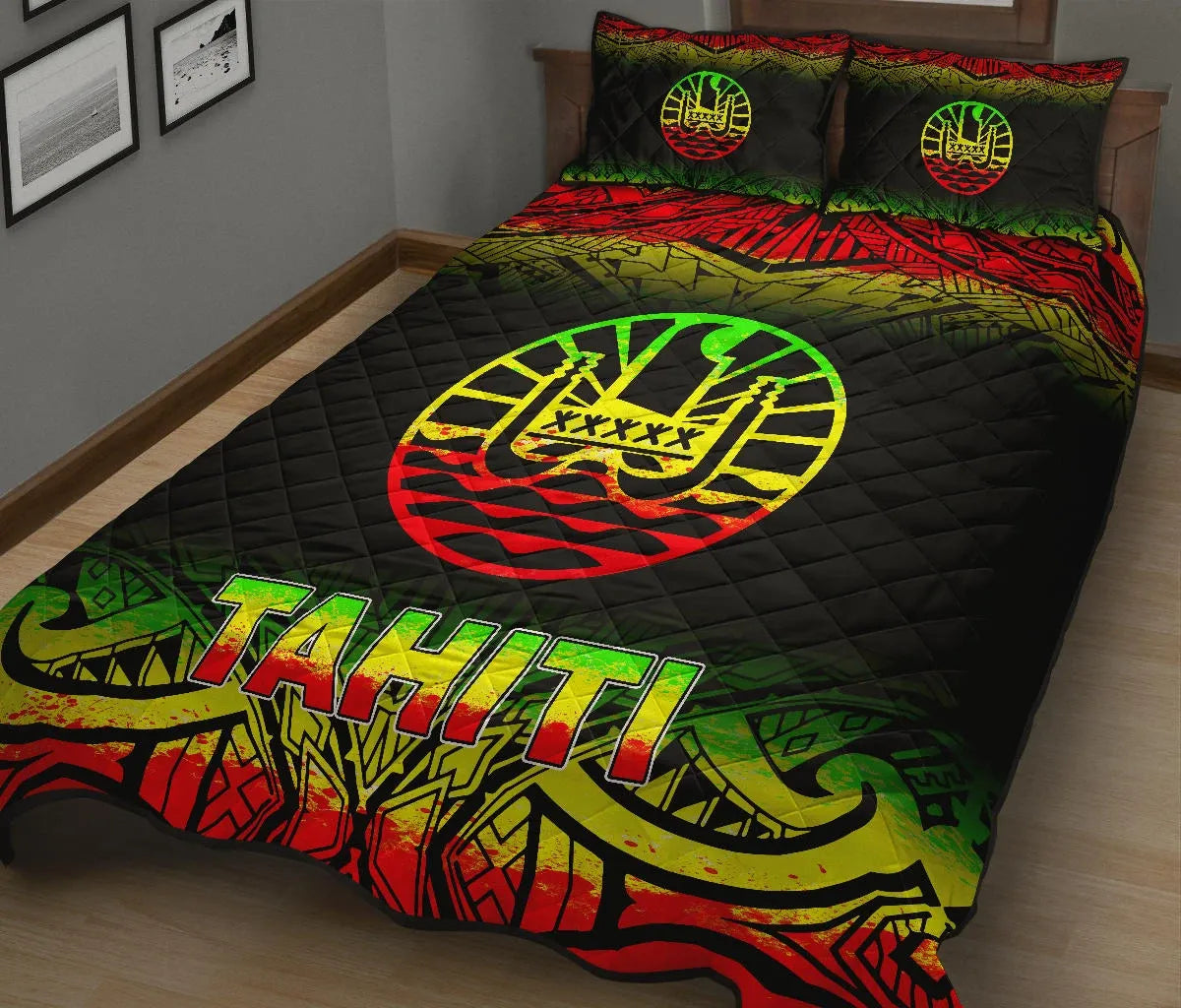 Tahiti Polynesian Quilt Bed Set - Tahiti Flag Reggae Fog Style