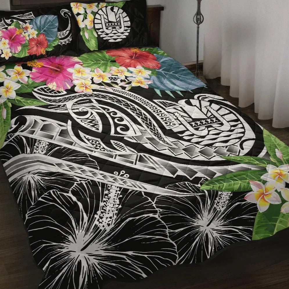 Tahiti Polynesian Quilt Bed Set - Summer Plumeria (Black)
