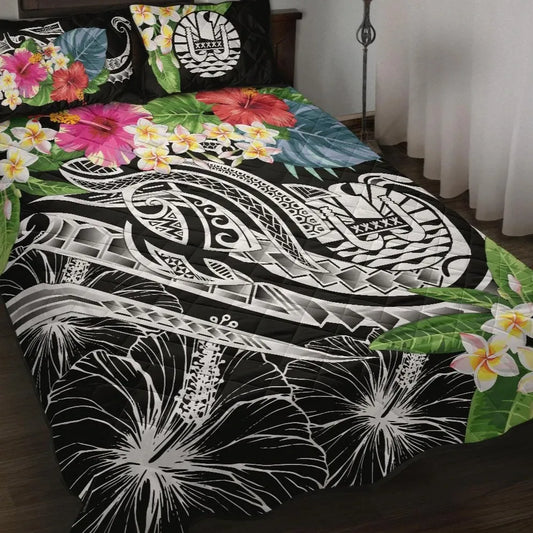 Tahiti Polynesian Quilt Bed Set - Summer Plumeria (Black)