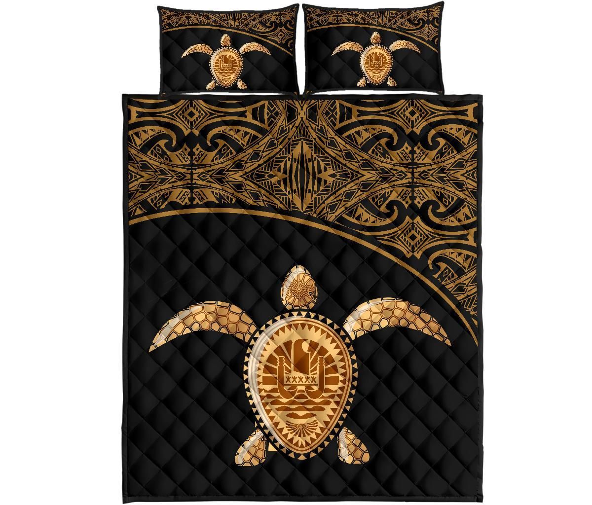 Tahiti Polynesian Quilt Bed Set - Tahiti Flag Turtle Gold Curve Style