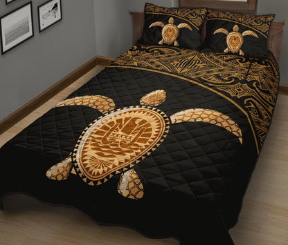Tahiti Polynesian Quilt Bed Set - Tahiti Flag Turtle Gold Curve Style